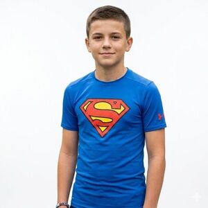 Under Armour Vibrant Blue Superman Logo Tee Fitted Heatgear Youth Boy XL 14/16